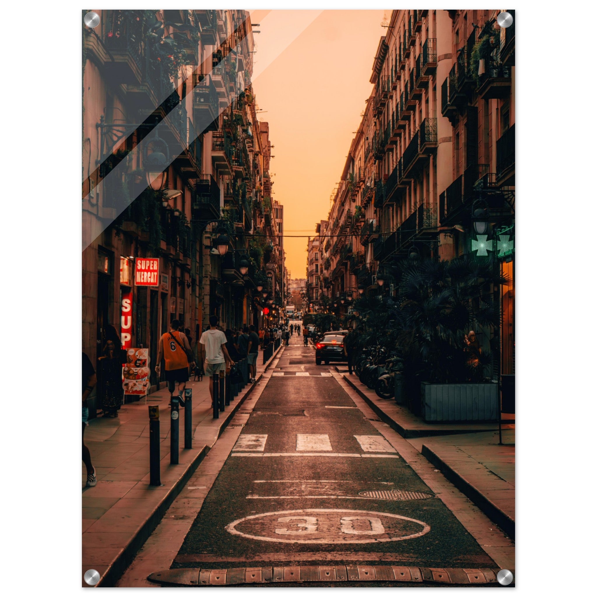 Barcelona’s Evening Charm: Street Scene at Golden Hour | Acrylic Print