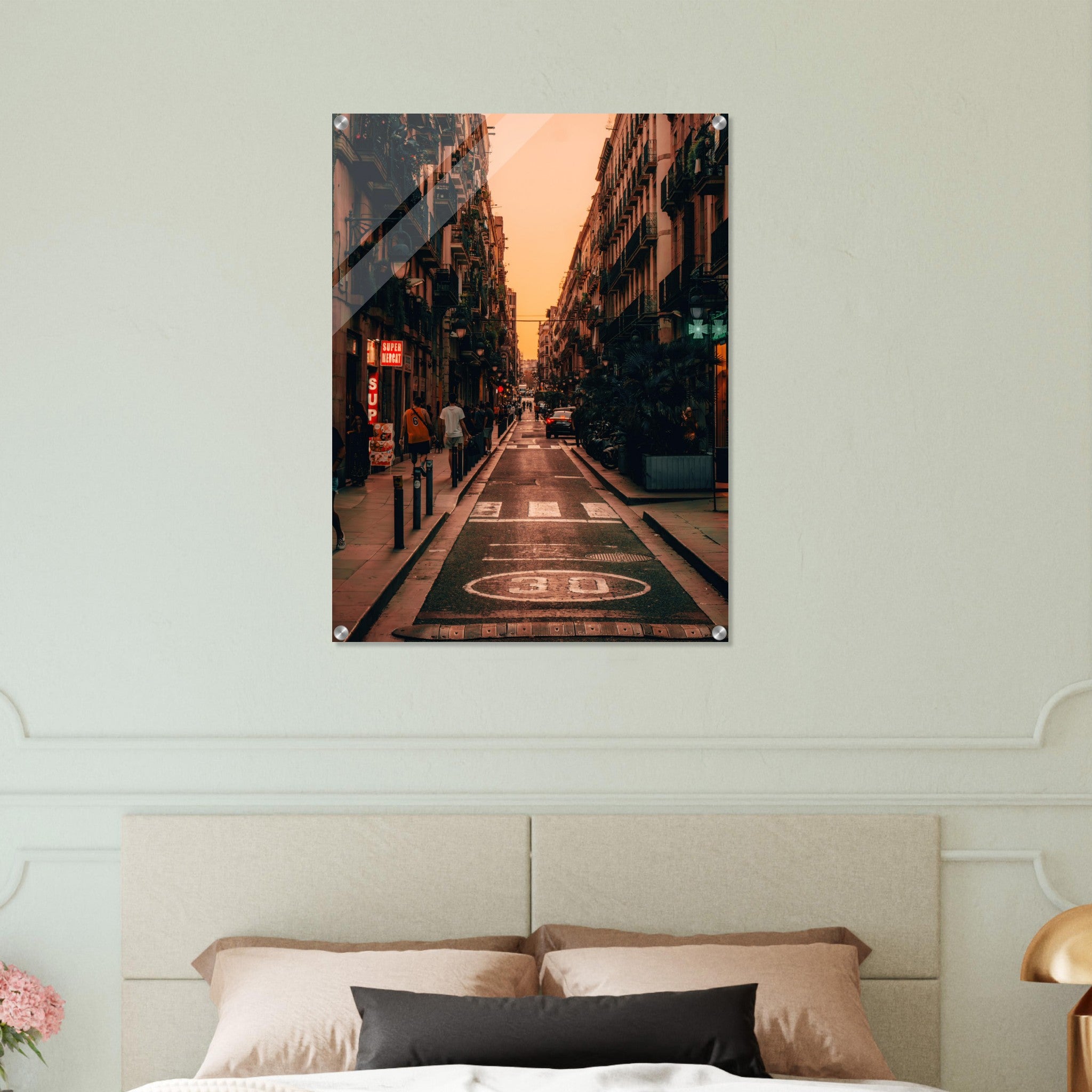 Barcelona’s Evening Charm: Street Scene at Golden Hour | Acrylic Print